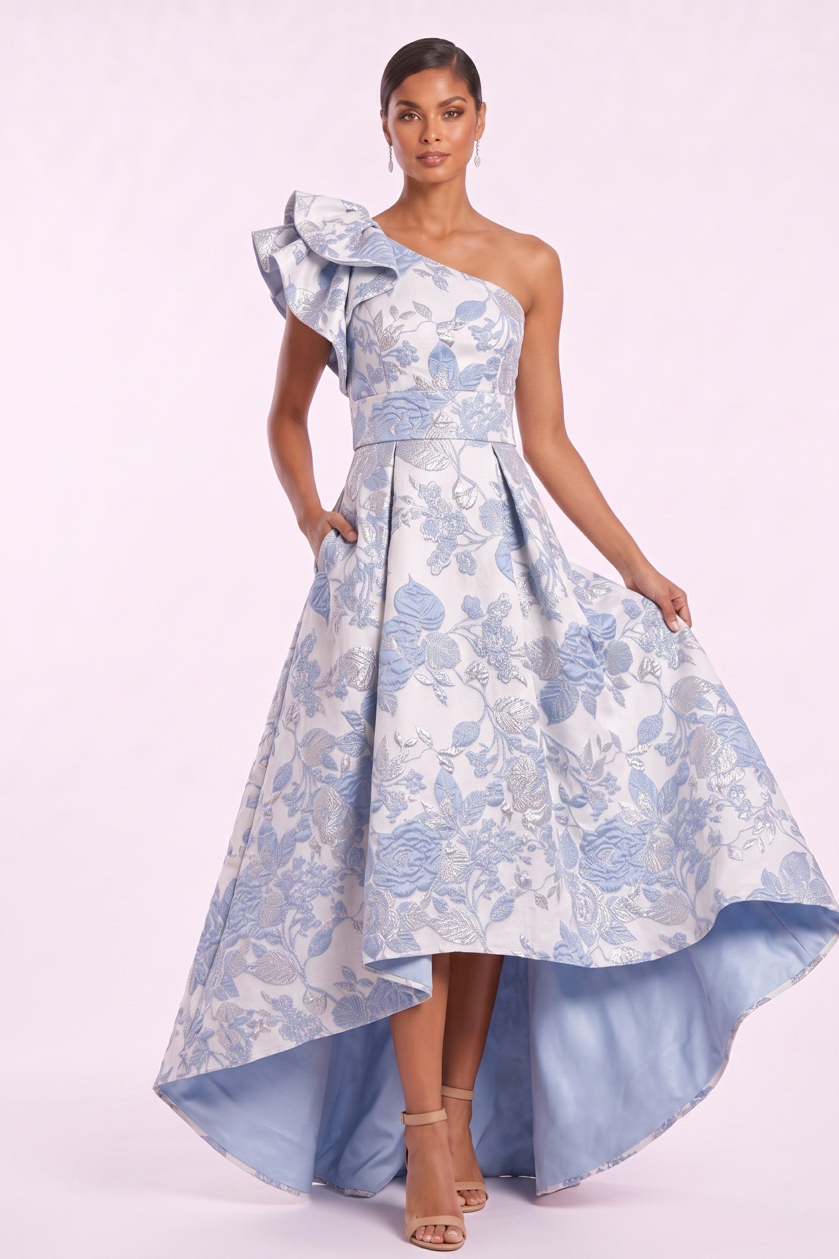 A-Line High-Low Jacquard Mother of the Bride Dress CM0486 - Blue - COCOMELODY